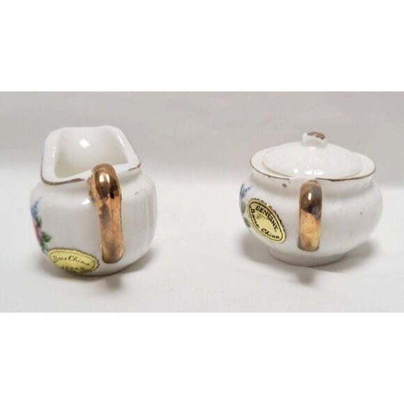 Vintage 4 Piece Miniature Bone China Creamer Sugar Tray Set Floral Gold Accents - Picture 6 of 11